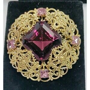 West Germany Purple  Filagree Brooch Vintage 2" Diameter